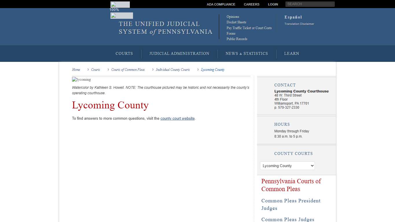 Lycoming County Individual County Courts Courts of Common Pleas Courts Unified Judicial System of Pennsylvania