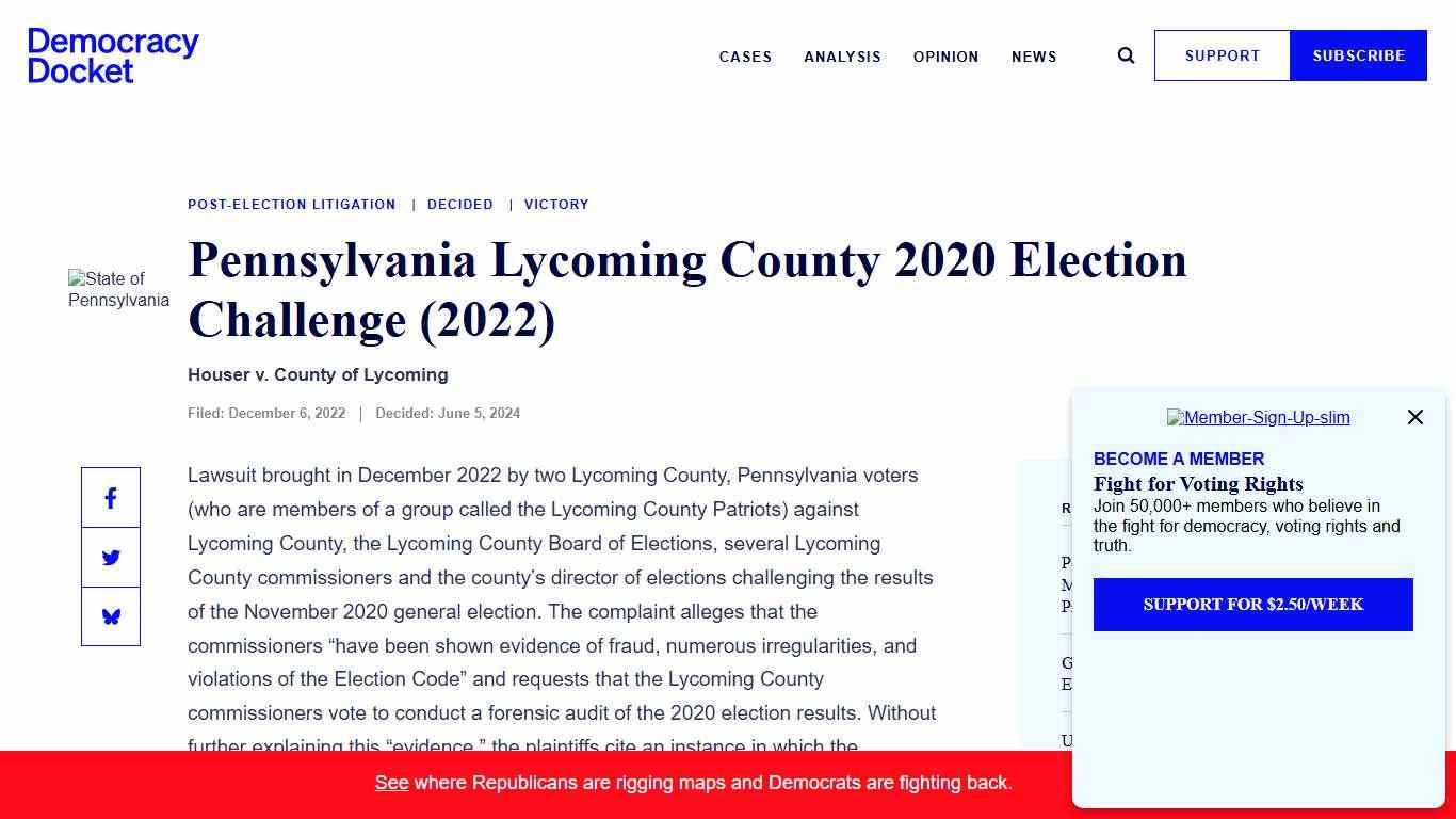 Court Cases - Pennsylvania Lycoming County 2020 Election Challenge (2022) - Democracy Docket